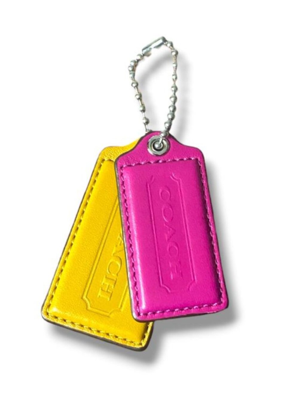 COACH Poppy Pink & Yellow Leather Key Fob Bag Charm Keychain Hang Tag Set Y2K